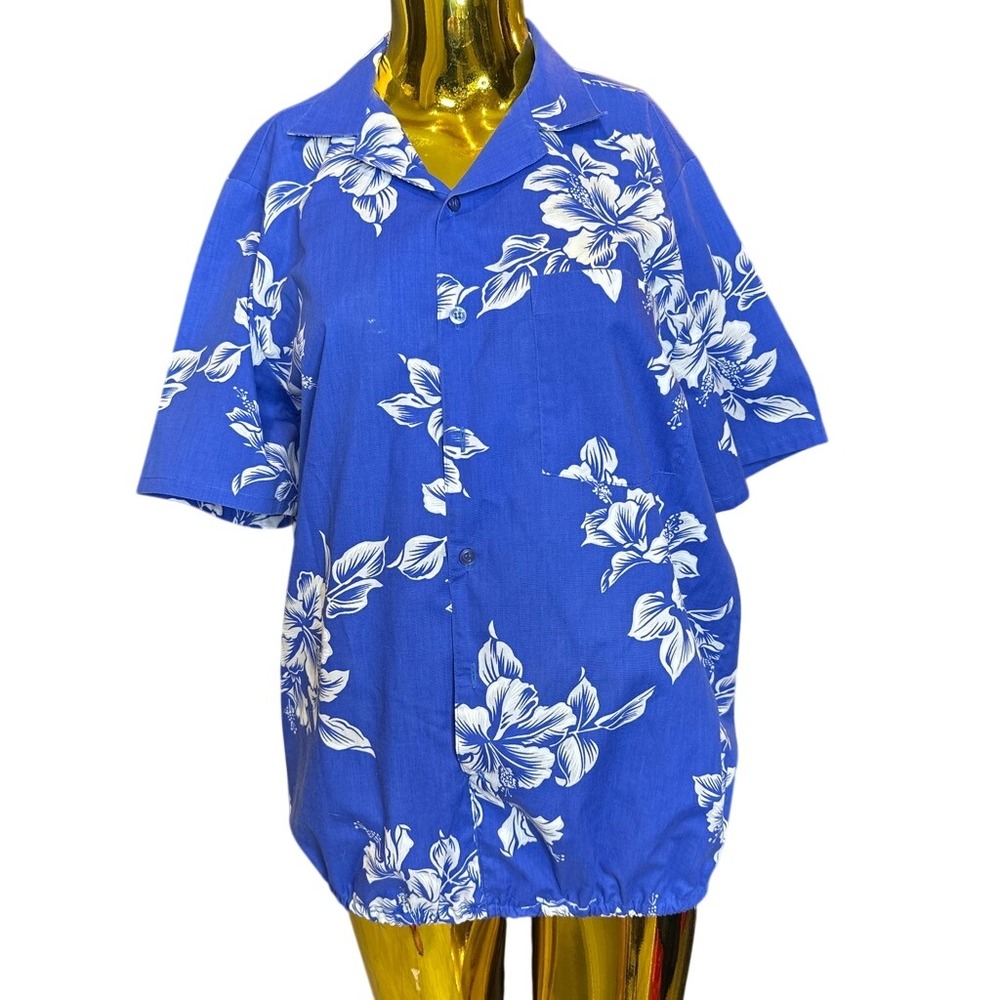 Retro Grandpa Tropical Laggen Blue Floral Button Down Shirt Elastic Hem Medium